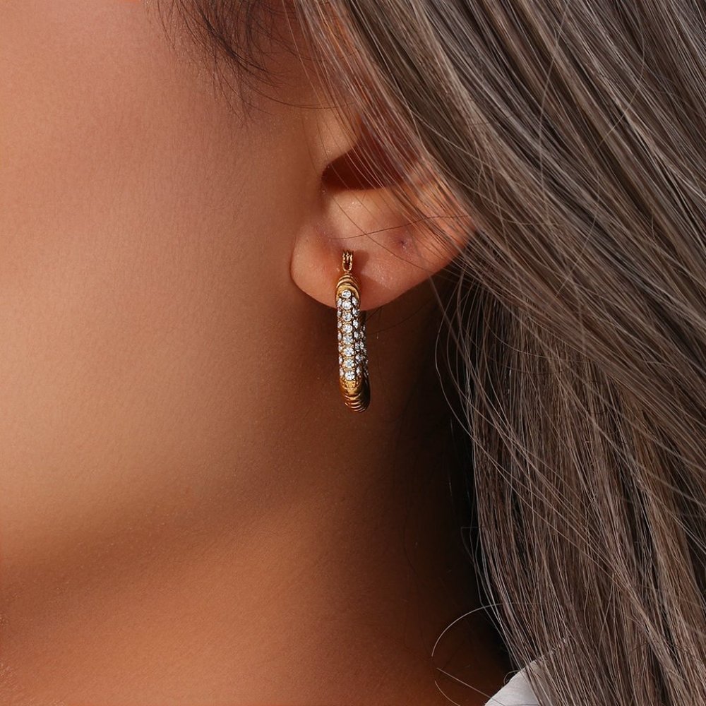 Zircon Chunky Square 18K Gold Plated Hoop Earrings Stainless Steel - Picture 3 of 13